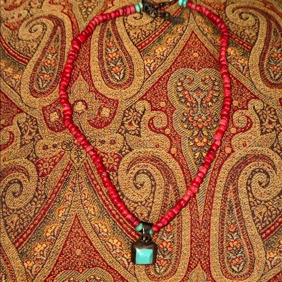 Artisan Red coral  Beaded Necklace with Turquoise Charm Sterling Silver vintage - Picture 12 of 17